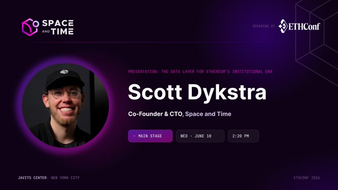 The image features a poster for an event where a man named Scott Dykstra will be speaking about his company, Space and Time Co-Founder @chiefbuidl. The poster includes information about the event, such as the date (June 10th at the Javits Center in NYC) and the location (ethiccon.com). There is also an image of a man wearing a hat on the poster, which adds to the overall visual appeal and helps draw attention to the event details.