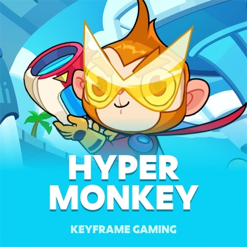 A colorful cartoon logo for 'Hyper Monkey' by Keyframe Gaming, featuring a cute monkey character wearing yellow sunglasses and carrying a jetpack against a blue sky background.