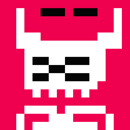 A pixelated white skull with a mischievous grin on a bright pink background, with a red bowtie below it.