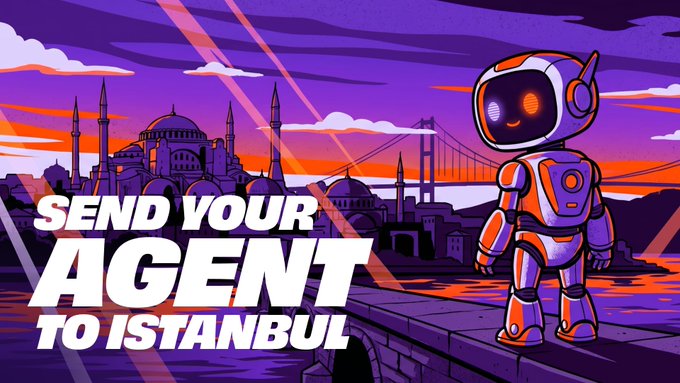 The image features a cartoon robot standing on a bridge overlooking an ocean with a city skyline in the background, including a mosque. The text " Send Your Agent to Istanbul" is written above the robot's head, indicating that this campaign is about sending agents to Istanbul for various tasks or projects related to real estate and property management.