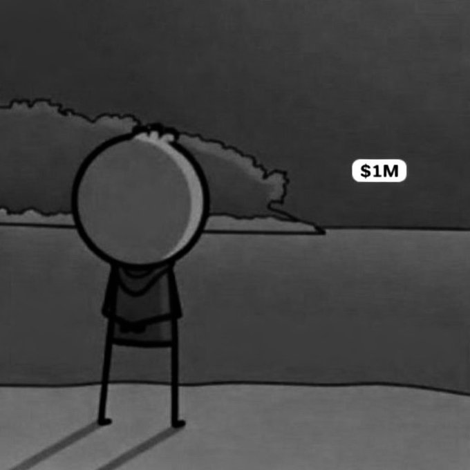 A grayscale cartoon illustration of a faceless figure looking out toward the horizon with a speech bubble reading "$1M".