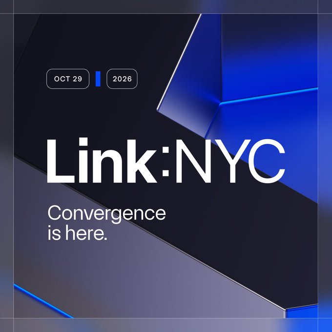 A promotional graphic for the Link:NYC event features the date "OCT 29 | 2026" alongside the bold "Link:NYC" logo and the tagline "Convergence is here," set against a sleek, geometric dark blue background that visually reinforces the event's modern, financial industry focus.
