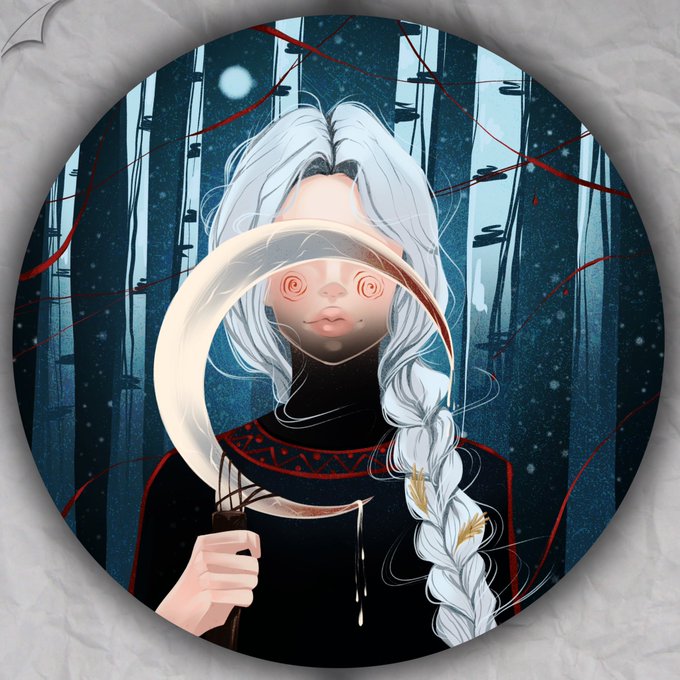An illustration of a white-haired figure in a dark forest holding a crescent moon, with red spiral eyes, shown within a circular frame.