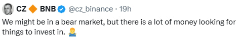 A tweet from CZ Binance (@cz_binance) reading 'We might be in a bear market, but there is a lot of money looking for things to invest in.'