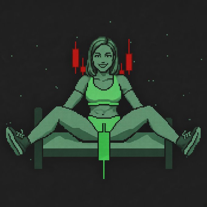 A pixel art illustration shows a smiling woman sitting on a bench with her legs spread, featuring a green candlestick chart and red candlesticks behind her head.