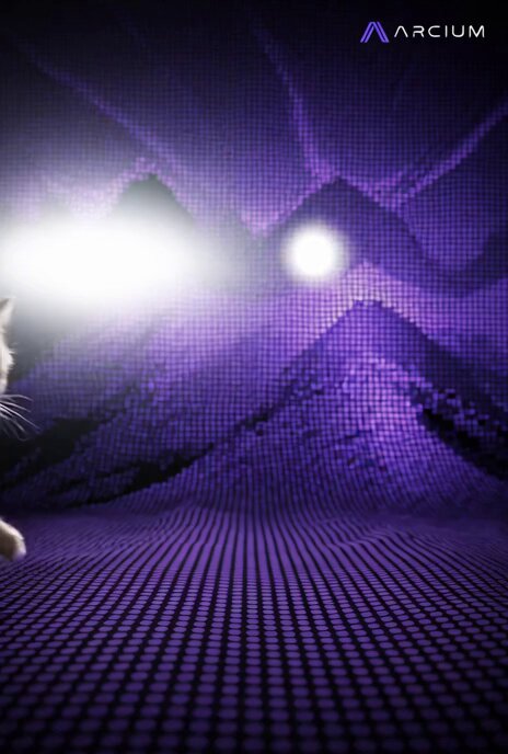 The image features a purple background with a mountain range, which appears to be a digital art piece or an animated scene. The mountains are depicted as dots, creating a unique and visually appealing effect. In addition to the mountains, there's also a cat in the image, located on the left side of the frame. The cat is facing towards the right side of the image, adding depth and perspective to the scene.