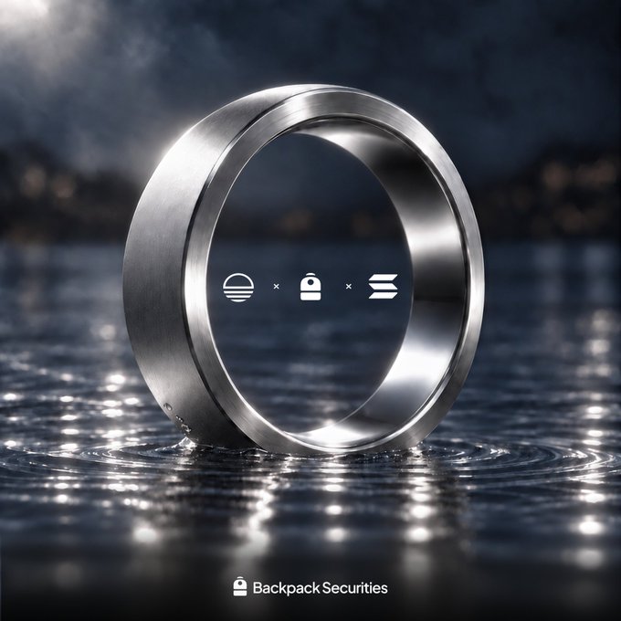 A sleek metallic ring rises from a moonlit reflective surface, overlaid with the icons of Backpack Securities and the ticker "$OURA." The image visually ties the Solana tokenization launch to Oura’s Nasdaq debut, symbolizing the seamless on/off-ramp bridge between traditional brokerages and the Solana blockchain.