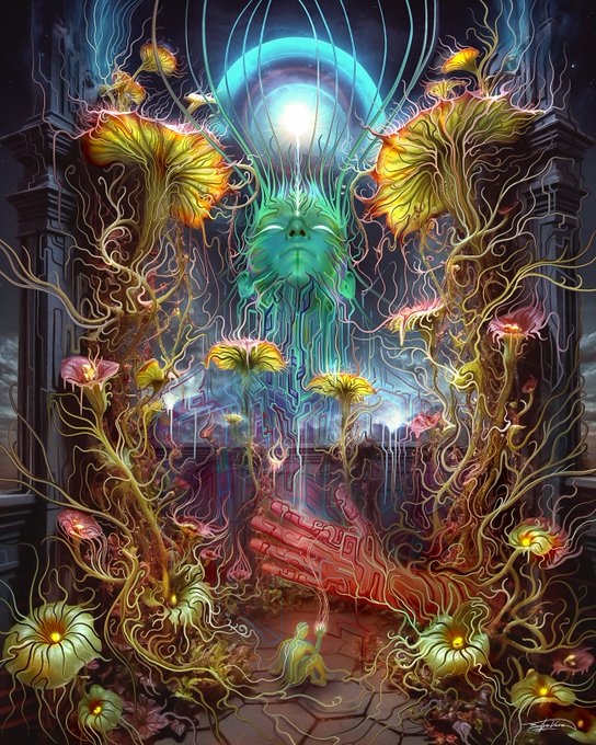 A vibrant psychedelic artwork featuring a central blue-green face emerging from elaborate, glowing flora and tendrils beneath a luminous orb, framed by ornate columns.
