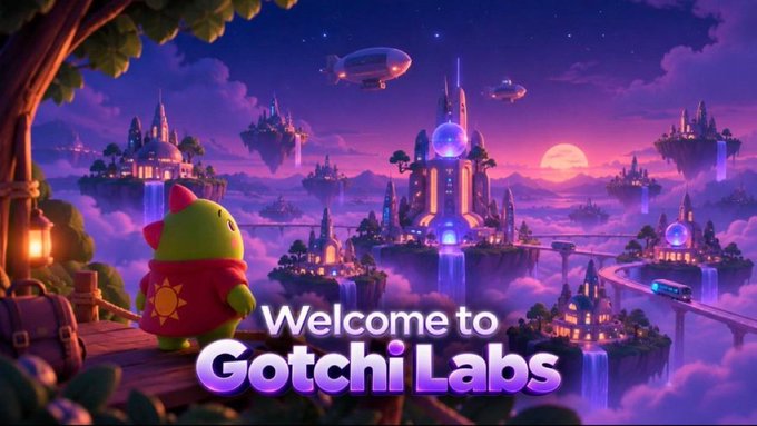 A vibrant, fantasy-style digital illustration titled 'Welcome to Gotchi Labs,' featuring a small green character in a red hoodie overlooking a magical landscape of floating islands, castles, and airships at sunset.