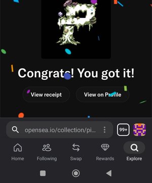 Mobile screenshot of OpenSea showing a congratulatory message "Congrats! You got it!" after acquiring an NFT, with options to view receipt or view on profile.
