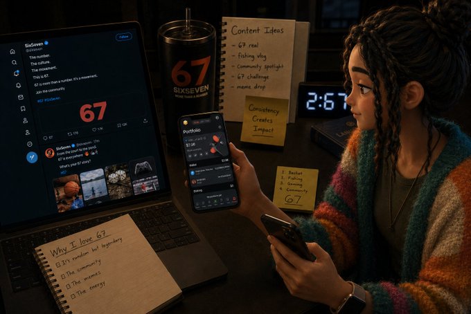 A young woman with curly hair in a colorful sweater sits at a desk looking at her phone, surrounded by a laptop showing "SixSeven" and "67" posts, a tumbler, and notebooks with content ideas.