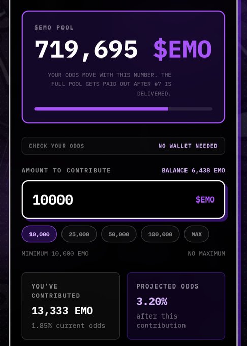 A crypto platform interface displaying an '$EMO POOL' of 719,695 $EMO with an 'AMOUNT TO CONTRIBUTE' of 10000 and showing a current balance of 6,438 EMO.