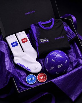 The image features a gift box containing various items, including two pairs of socks with "No" written on them, a soccer ball labeled "Fun", and a purple ribbon. The box also contains a small toy car and a purple ribbon. The text in the image reads "预测市场我只用 @predict dot fun 给大家抽3份 #predict 世界杯周边 关注成员".