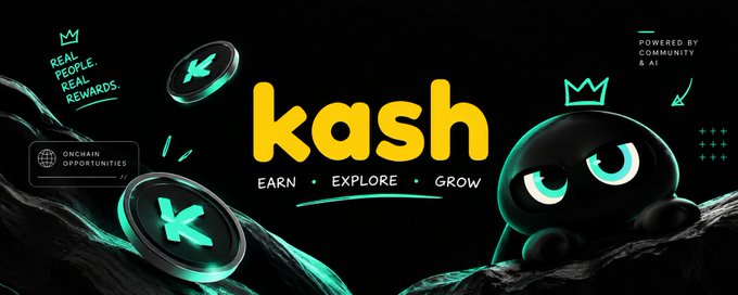 A promotional banner for "kash" featuring a black cat mascot wearing a crown, with text reading "EARN, EXPLORE, GROW" and "POWERED BY COMMUNITY & AI."