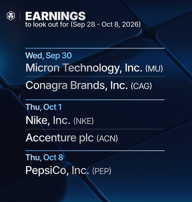 The image is a promotional graphic from Crypto.com listing upcoming earnings reports for the week of September 28 - October 8, 2026, featuring Micron Technology (MU) and Conagra Brands (CAG) on Wed, Sep 30, Nike (NKE) and Accenture (ACN) on Thu, Oct 1, and PepsiCo (PEP) on Thu, Oct 8. It aligns with the accompanying post highlighting major earnings announcements to watch during that trading week, directing users to explore further via the Crypto.com app link.