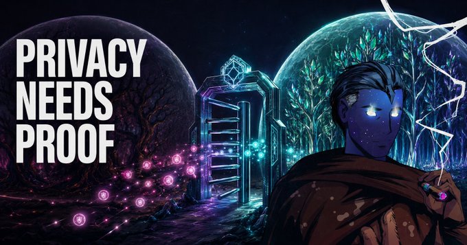 A stylized graphic with the text 'PRIVACY NEEDS PROOF' featuring a hooded character with glowing purple eyes standing before a portal between two worlds.
