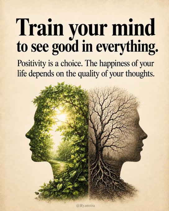 A motivational poster titled 'Train your mind to see good in everything,' featuring two profile silhouettes—one lush with green foliage and the other bare like winter branches—by @Ryzentra.