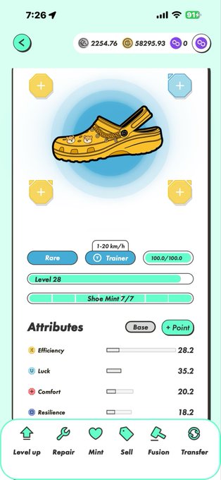 A mobile game screen showing a yellow cartoon-style shoe at Level 28 with attributes including Efficiency 28.2, Luck 35.2, Comfort 20.2, and Resilience 18.2.