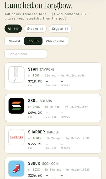 A mobile app interface titled 'Launched on Longbow' displaying a list of newly launched tickers including '$TAM TAMPONS' on PONS, '$DOL SOLANA' on INDA, '$HARDER HARDER' on BONER, and '$SOCK SOCK COIN' on SOXX.