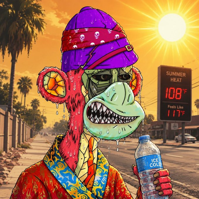 A vibrant cartoon illustration of a sweating monkey character wearing a purple beanie and bandana, holding an "ICE COLD" water bottle on a sweltering street under a sign reading "SUMMER HEAT 108°F, Feels Like 117°F".