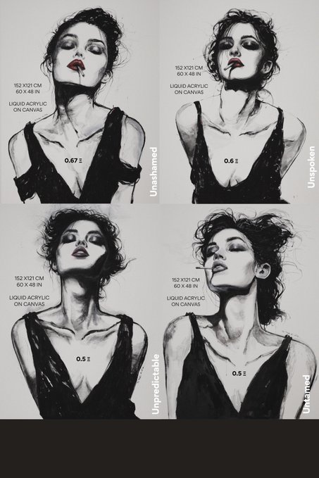 A 2x2 grid showcasing four monochromatic liquid acrylic portraits of women titled "Unashamed," "Unspoken," "Unpredictable," and "Untamed," part of "The Rebel Within" collection, priced at 0.5-0.67 ETH, with dimensions of 152x121 cm (60x48 in) on canvas, listed on Transient Labs.