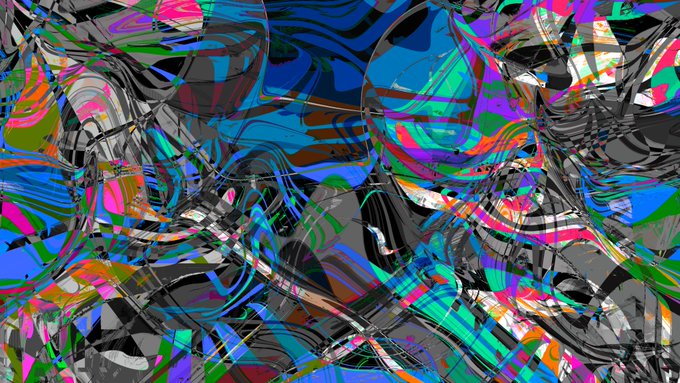 A chaotic, abstract digital artwork featuring swirling, fragmented patterns in vibrant shades of blue, pink, black, and green.