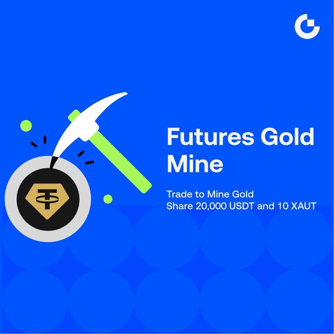The image is a promotional graphic for "Futures Gold Mine," featuring a pickaxe striking a coin marked with a Tether (USDT) symbol on a blue background. It advertises a limited-time trading event where users can mine gold by completing futures trades to share a reward pool of 20,000 USDT and 10 XAUT, with 10 USDT awarded daily upon entry, matching the post's call to action.