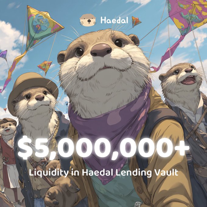 An illustrated advertisement for Haedal featuring anthropomorphic otters flying kites, with text reading 'Haedal', '$5,000,000+', and 'Liquidity in Haedal Lending Vault'.