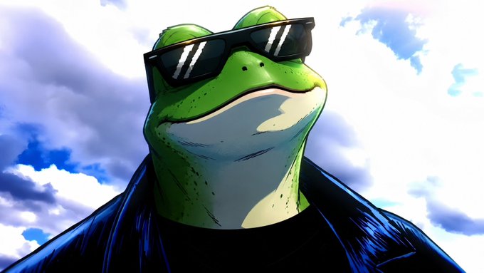 The image features a green frog wearing sunglasses, standing against a blue sky with clouds. The frog appears to be posing for the camera, giving off an impression of being cool or hipster-like. The background includes a cloudy sky that complements the overall theme and atmosphere of the photo.
