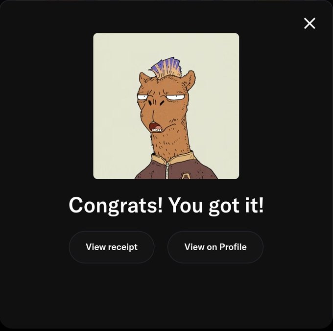 A digital collectible confirmation screen displaying 'Congrats! You got it!' with an illustration of an unimpressed brown horse-like character with a purple and yellow mohawk wearing a jacket.