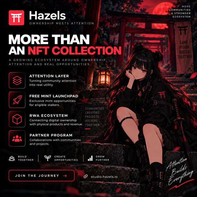 A promotional poster for 'Hazels' featuring an anime-style character in dark clothing sitting on stone steps in front of a red torii gate, advertising 'MORE THAN AN NFT COLLECTION' with an attention layer, free mint launchpad, RWA ecosystem, and partner program.