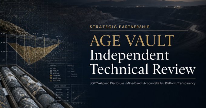 A promotional banner for 'AGE VAULT Independent Technical Review' highlighting a Strategic Partnership with JORC-Aligned Disclosure, Mine-Direct Accountability, and Platform Transparency, featuring mining imagery and geological charts.
