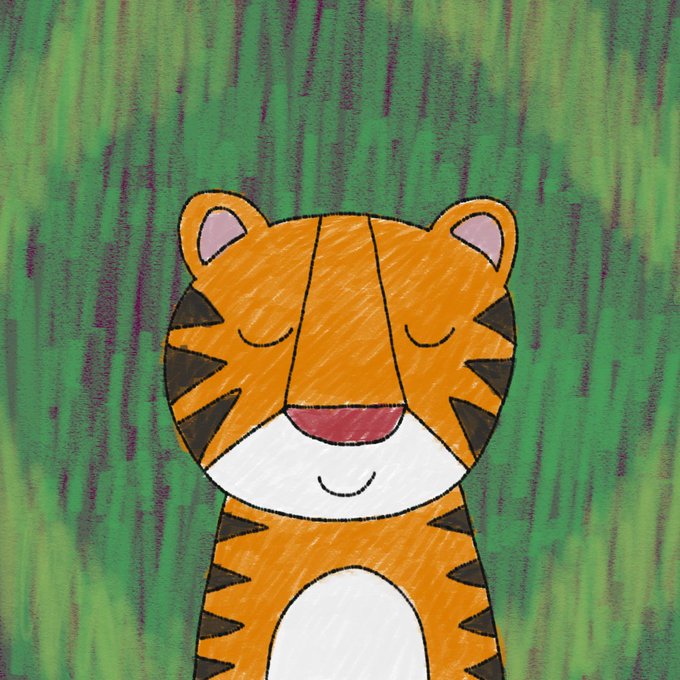 A digital illustration of a peaceful cartoon tiger with closed eyes, orange and black stripes, and a white belly set against a green textured background.
