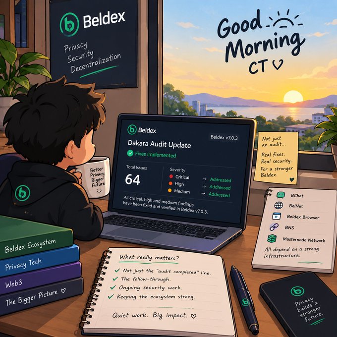 A cartoon illustration showing a person at a desk viewing a laptop displaying 'Beldex Dakara Audit Update v7.0.3' with 64 issues fixed, alongside books titled 'Beldex Ecosystem', 'Privacy Tech', 'Web3', and 'The Bigger Picture', and a 'Good Morning' sunrise window scene.