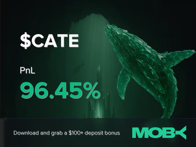 The image is a promotional graphic for Moby Mobile, featuring a large green whale silhouette alongside text announcing "$CATE" with an impressive "PnL 96.45%" win alert. A call-to-action at the bottom offers "a $100+ deposit bonus" with the Moby logo, celebrating the trader's successful trade highlighted in the post.