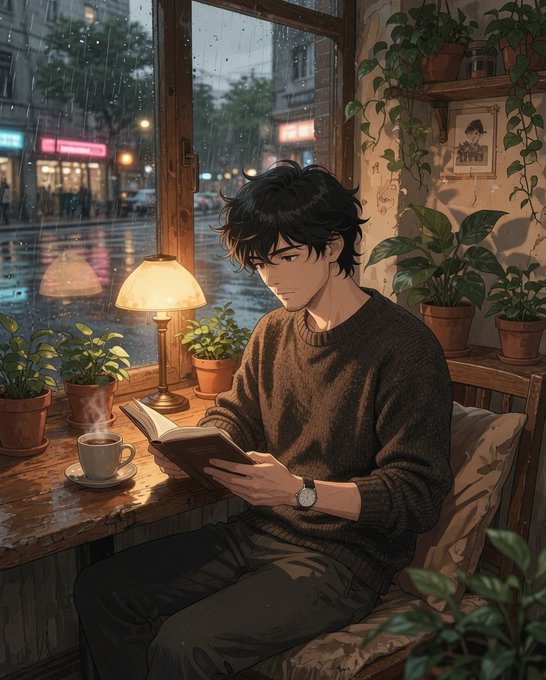 An anime-style illustration depicts a young man with dark hair reading a book by a window while rain falls outside, a steaming cup of coffee and potted plants nearby.