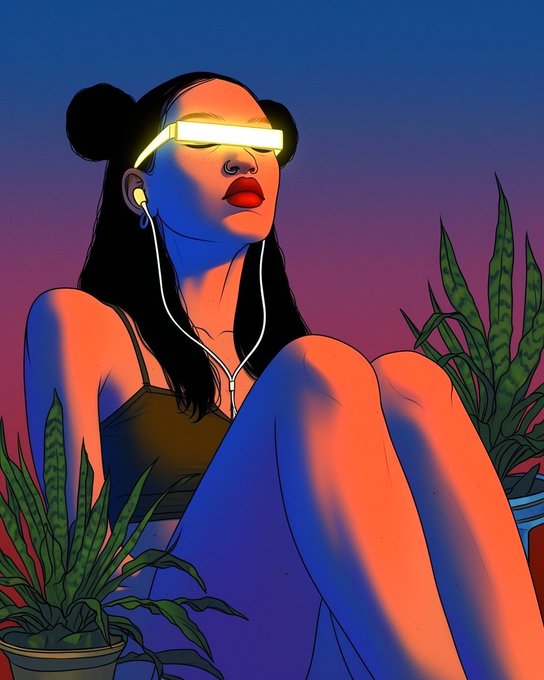 A digital illustration of a woman with space buns, glowing yellow visor sunglasses, earbuds, and red lipstick, posed against a purple and blue gradient background with snake plants.