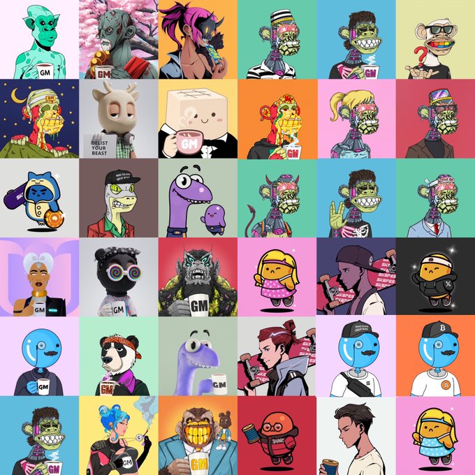 A grid of various colorful cartoon NFT-style avatars featuring characters like monsters, animals, and humans, many holding "GM" coffee mugs.