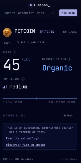 A mobile app interface from 'luminous_' showing a token score for PITCOIN ($PITCOIN) rated 45/100, classified as Organic with medium confidence.