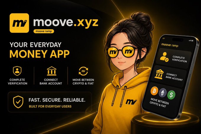 A promotional graphic for 'moove.xyz' money app features a cartoon woman in yellow sunglasses and hoodie alongside a phone displaying verification, bank connection, and crypto-to-fiat features.