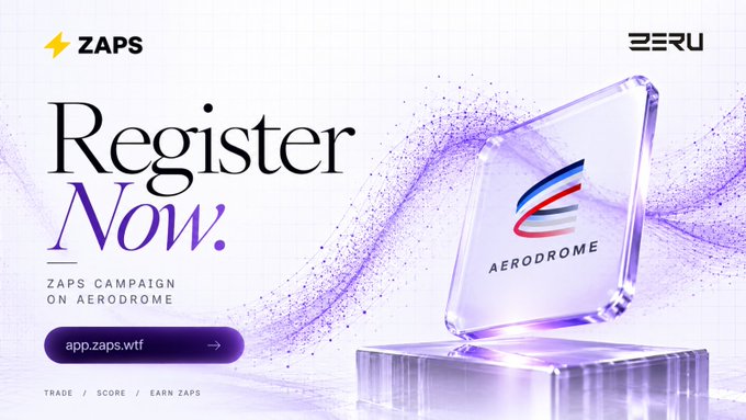 A web banner advertisement for 'ZAPS' promoting a 'Register Now' call to action for a 'ZAPS CAMPAIGN ON AERODROME', displaying a glowing purple glass cube with the Aerodrome logo and the link 'app.zaps.wtf'.