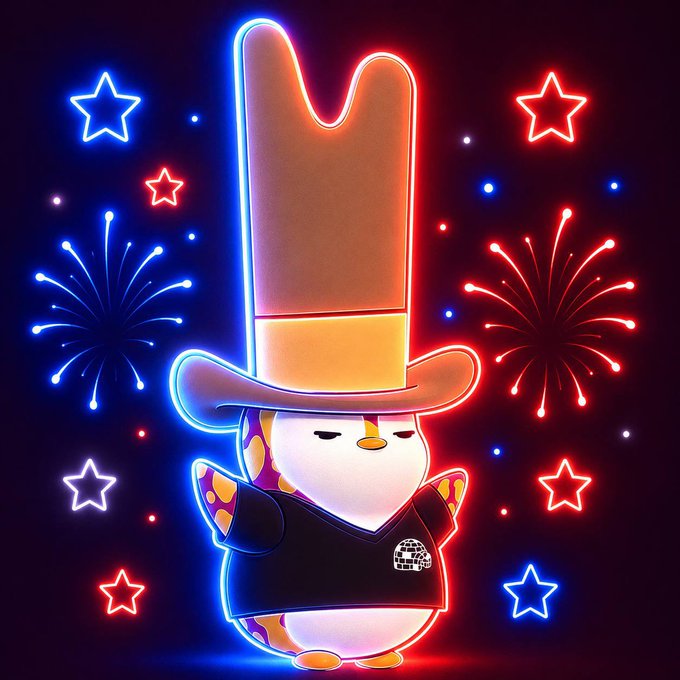 A cute pudgy penguin character wearing a tall Uncle Sam-style top hat is surrounded by glowing red, white, and blue neon fireworks and stars, perfectly capturing a festive Independence Day vibe. The patriotic color scheme and fireworks backdrop visually celebrate the "Lil Pudgys light up on the 4th" theme.