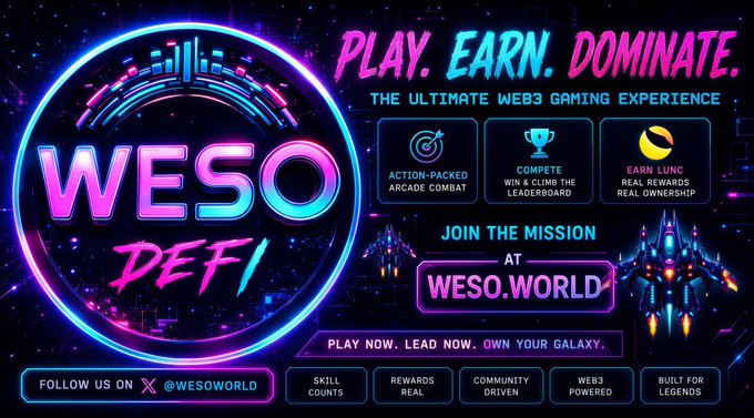 The image features a poster for a gaming event called "WESO DEFI". The poster has a dark background with neon colors, making it stand out. It includes text that reads "PLAY. EARN. DOMINATE. THE ULTIMATE WEB3 GAMES PERFECTION. WIN THE LEADERBOARD ARCHE. SELECT your ship. Upgrade your weapons. Dominate the galaxy." The poster also has a link to a website, which is likely related to the gaming event or game development.
