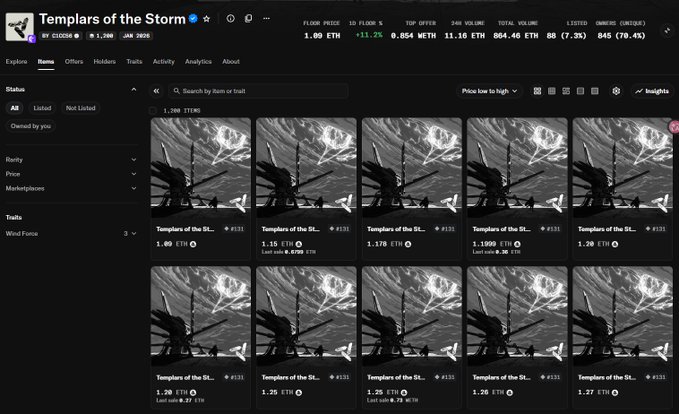 An NFT marketplace page for "Templars of the Storm" collection by CLOOB, displaying floor prices in ETH and various listed items with 1,298 items available.