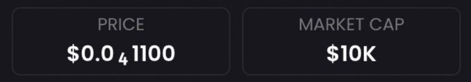 The image displays a memecoin's metrics showing a price of $0.01100 and a market cap of $10K. This corresponds to the post's promotion of a low-cap memecoin at a $10,000 market cap, which the poster claims is poised for significant gains similar to their previous picks like $JIMOTHY, $PONS, $VLAD, and $ANSEM, urging users to comment "ME" for the contract address.