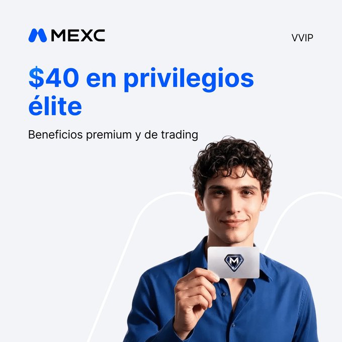 An advertisement for MEXC showing a young man holding a VVIP card, with Spanish text "$40 en privilegios élite" and "Beneficios premium y de trading".
