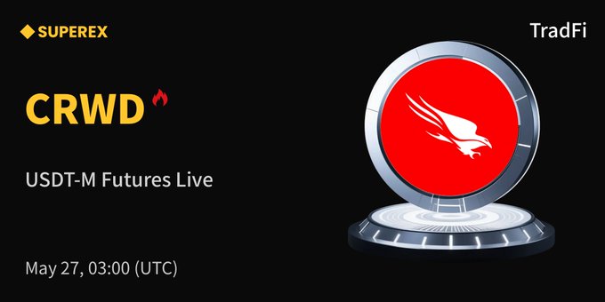 The image features a poster for a cryptocurrency called CRWD (Crowdsourced Wallet Development) that is now live on SuperEx. The poster includes an illustration of a red circle with a white bird inside, which represents the currency token. It also displays the text "USDT-M Futures Live" and "CRWD", indicating that the token is currently active and available for trading. Additionally, there are two dates provided: May 27th at 3:00 PM (UTC) and May 28th at 11:30 AM (AM). The poster also mentions a company called CrowdStrike, which focuses on cybersecurity solutions.