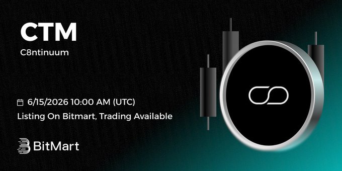 The image features a poster for BitMart's C8ntinuum platform, which is scheduled to be listed on their digital assets platform at 6:15 PM (10:00 AM) on June 15th, 2026. The poster includes an illustration of a clock and a symbol representing the currency pair CTM/USDT.