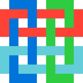 An abstract geometric image featuring an interlocking pattern of blue, green, red, and light blue shapes on a white background.