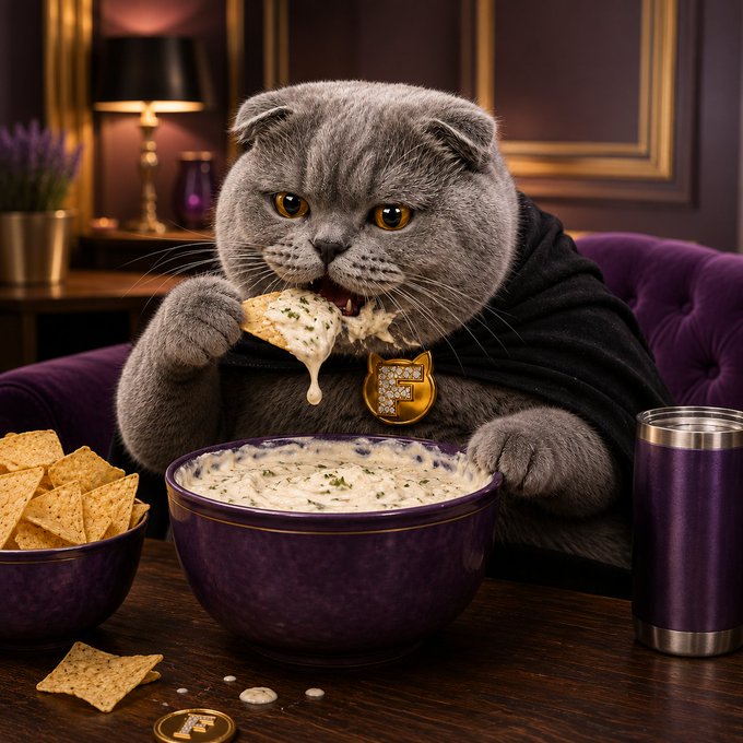 A whimsical anthropomorphic gray Scottish Fold cat wearing a black cape and gold pendant dips a tortilla chip into a bowl of creamy dip at a dimly lit table.